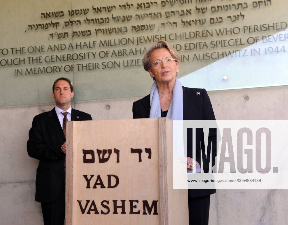 The Foreign Minister of France, Michele Alliot-Marie, signs the guest book outside the Children s Memorial at the Yad Vashem Holocaust Museum in Jerusalem, Israel, January 20, 2011. JER2011012016