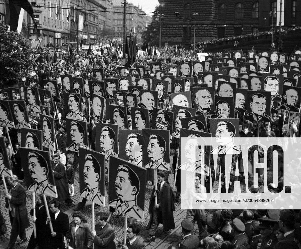 Czechoslovakia - Prague, 1950. Celebrating 5th year anniversary of liberation of Prague by Red Army on May 7 1945. Participants carry large posters of J.V. Stalin and other Soviet generals. In fact, however, Prague was liberated by General Andrej. A. Vlasov and his Russian Liberation Army (RLA), a fact long denied by Czech and Soviet historians. The red Army arrived in Prague on the 9th of May, when this city was already liberated. CTK Vintage Photo CTKPhoto02038024