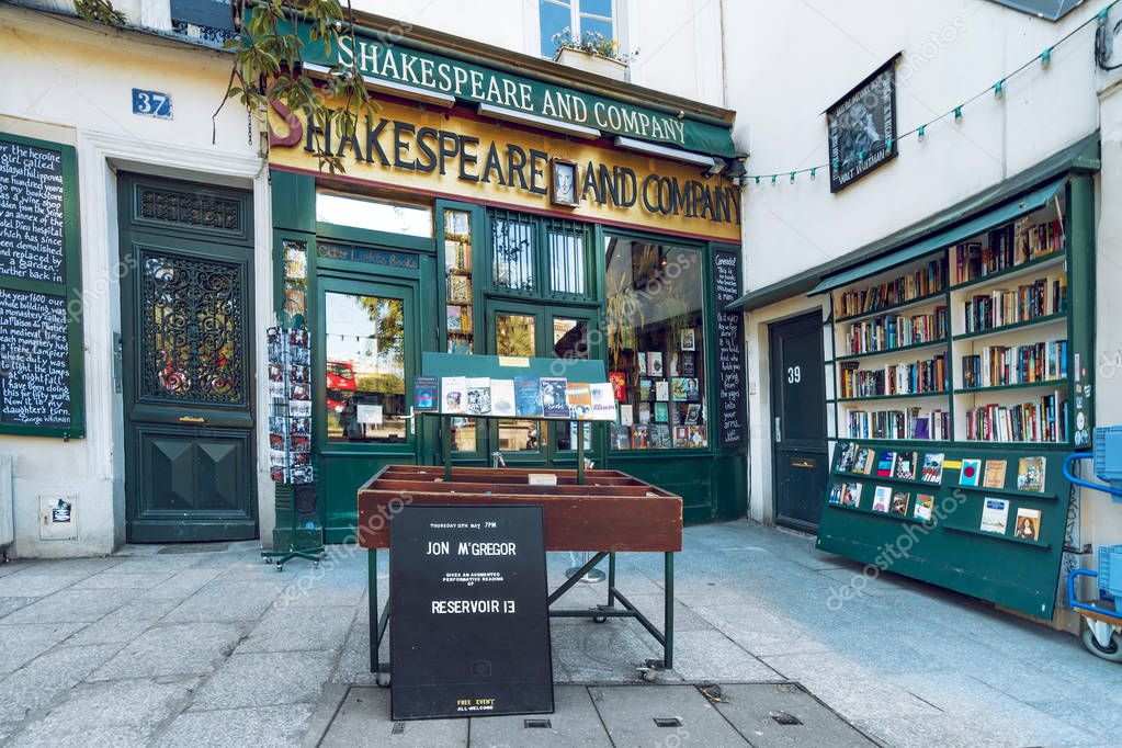 Paris, France - circa May, 2017: View of the landmark Shakespeare and Company bookstore and cafe located on the Left Bank in Paris, France, across from Notre Dame