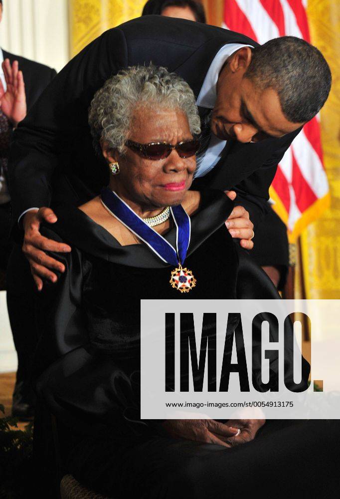 President Barack Obama awards the 2010 Presidential Medal of Freedom to poet Maya Angelou during a ceremony at the White House in Washington on February 15, 2011. WAP20110215327