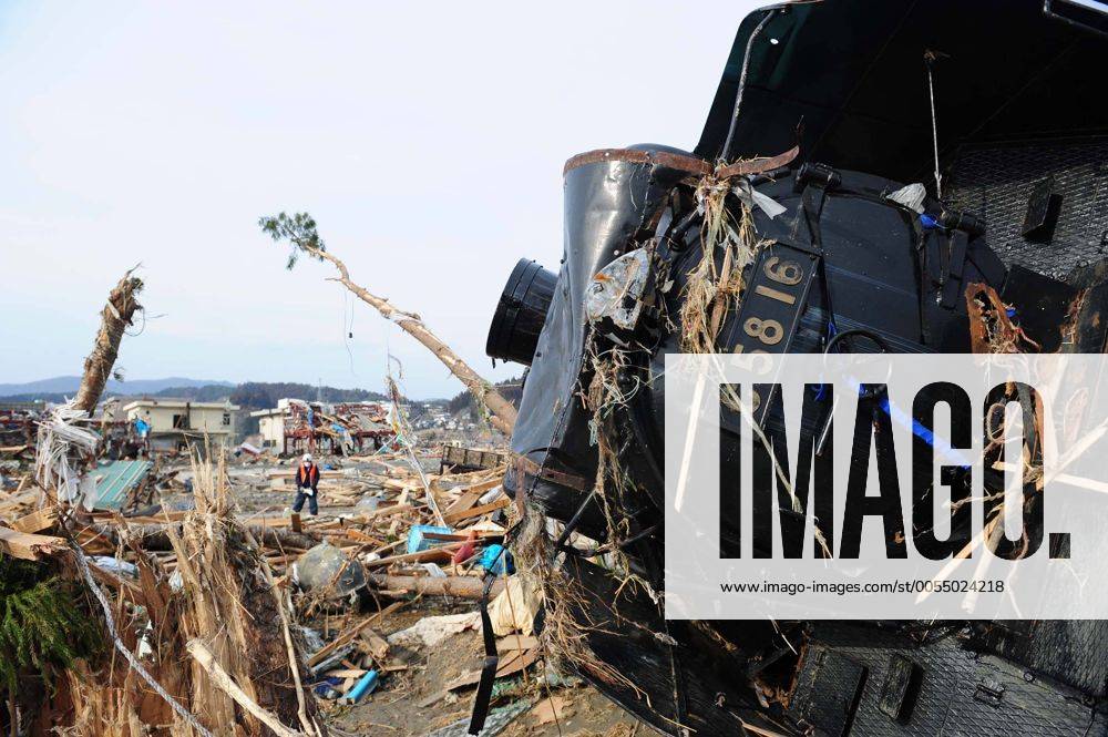 (110314) -- MINAMISANRIKU (JAPAN), March 14, 2011 (Xinhua) -- Wrekage of a train can be seen in Minamisanriku Town, Miyagi prefecture, Japan, March 14, 2011. (Xinhua Ji Chunpeng) (jl) JAPAN-QUAKE