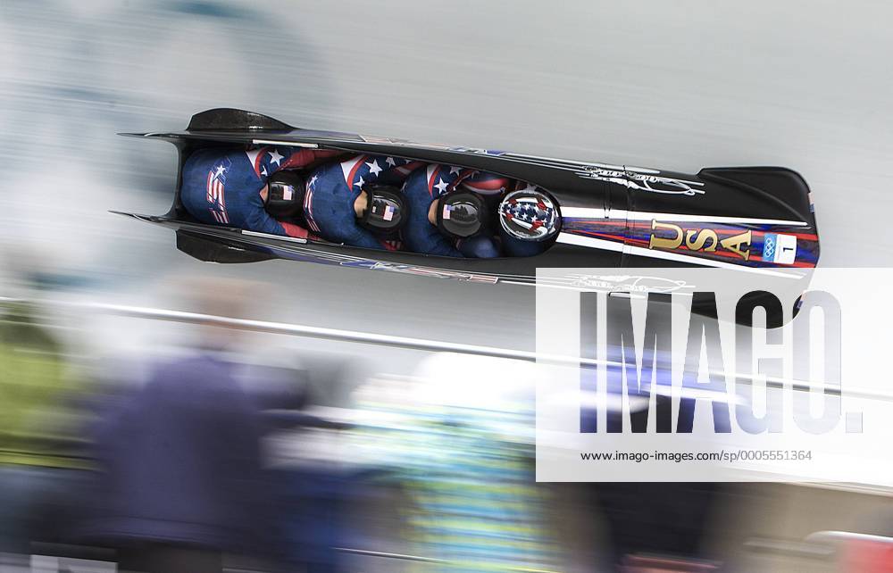 Whistler, BC, Canada - WHISTLER, BC: FEBRUARY 27, 2010 -- USA 1 s four man bobsleigh rips down The Whistler Sliding Centre course during the third round, in Whistler, BC, during the 2010 Olympic Games, Saturday February 27, 2010. - ZUMAw51