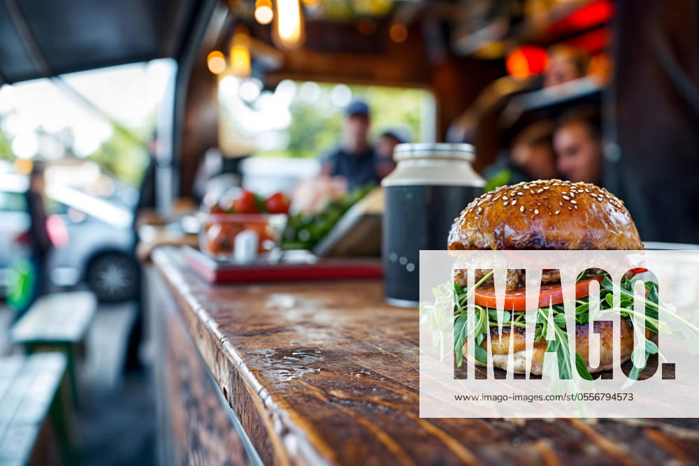 IMAGO Creative: Sommer, Sommertage im Stadtpark A tantalizing gourmet burger topped with fresh ingredients is prominently displayed on a wooden counter of a bustling food truck, illustrating the appeal of street food culture. Generative AI image Model Released IombiGarcia_ID21963_643543_003