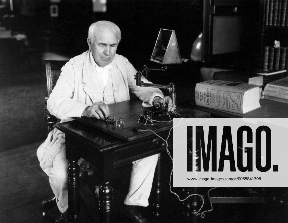 Edison seated at Telegraph key 1920 28th July 1920 Edison National Historic Site Orange New Jersey Edison, Thomas Alva (the Wizard of Menlo Park) US inventor; opened research laboratory in Menlo Park, New Jersey 1876 (moved to West Orange, New Jersey 1887); invented phonograph (1st demonstrated 1877); invented incandescent electric light 1879; invented kinetograph camera and kinetoscope motion-picture viewer (patented 1891) _1847-1931 Mono Print UnitedArchives0813685