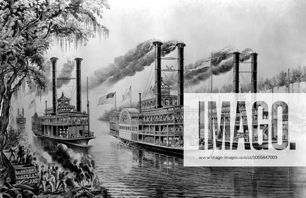 Lithograph by Currier and Ives 1866. Racing on the Mississippi. Huzza after huzza thunders from the shores, and the stately creatures go whistling by like the wind. Life on the Mississippi Mono Print !AUFNAHMEDATUM GESCHÄTZT! UnitedArchives0767824