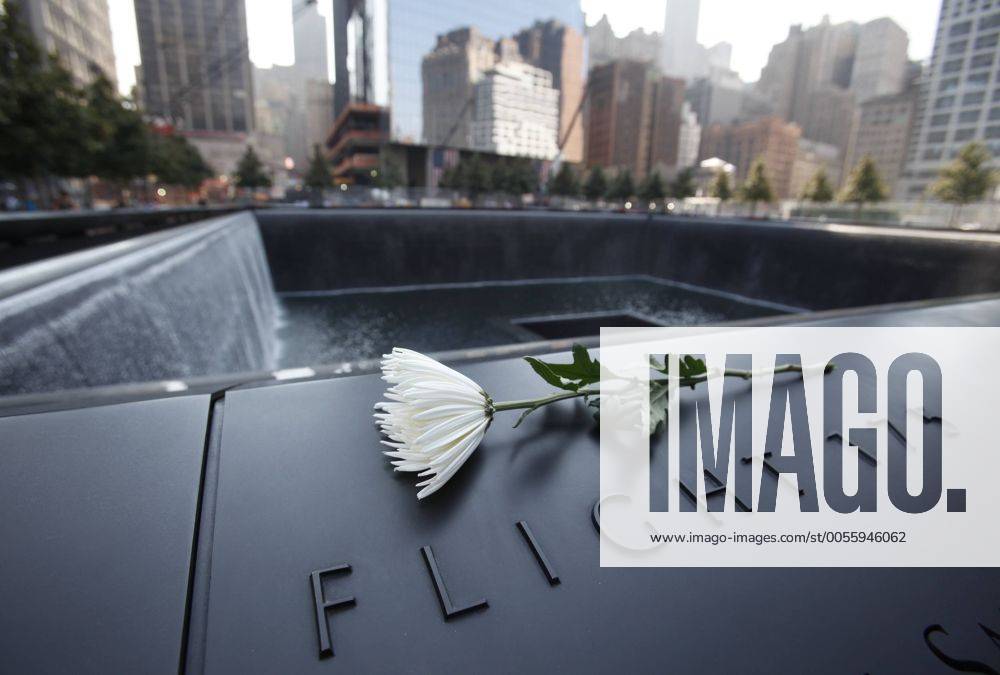 20 Jahre Anschläge vom 11. September: Gedenkkultur in den USA A single white flower is left on one of the panels containing the names of the victims of the attacks on the first day that the 9 11 Memorial was opened to the public at the World Trade Center site in New York, September 12, 2011. WAX20110912320
