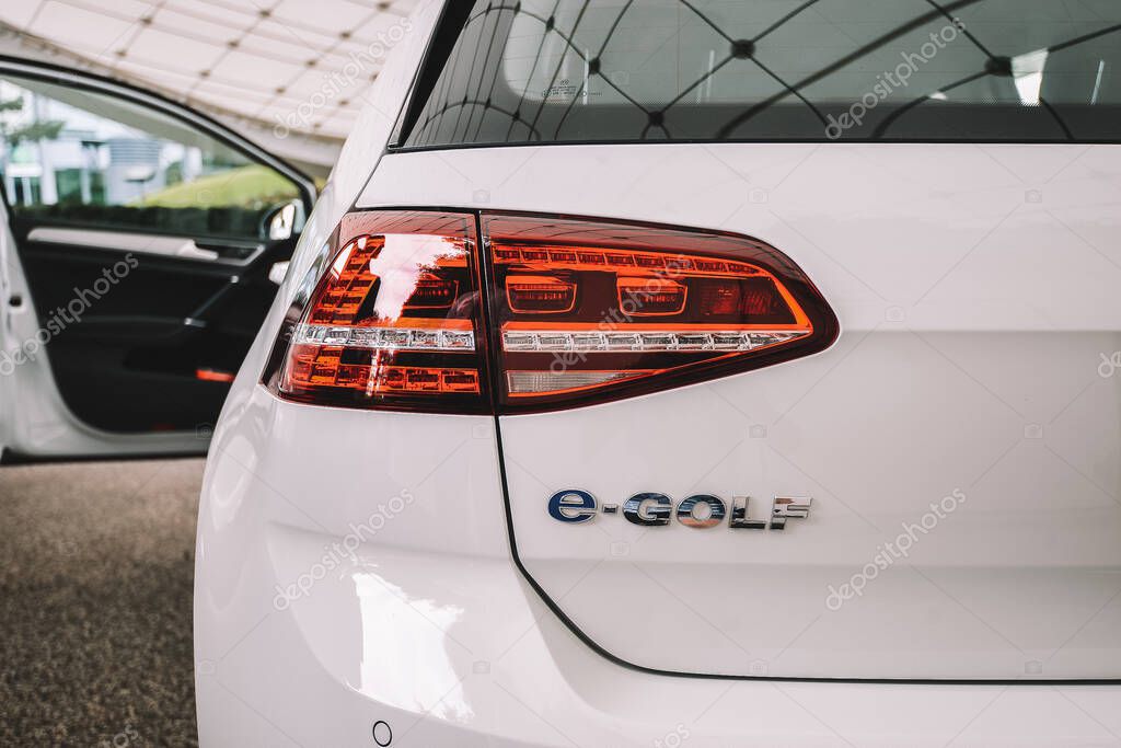 Volkswagen VW e-Golf electric car on the city streets. Volkswagen is a German car manufacturer headquartered in Wolfsburg, Germany.