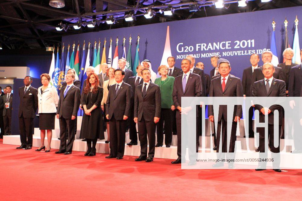 Ministerpräsident Silvio Berlusconi (Italien) - Bundeskanzlerin Angela Merkel (Deutschland) - Premierminister Jose Luis Zapatero (Spanien) - Präsident Teodoro Obiang Nguema Mbasogo (Äquatorialguinea) - Präsidentin Dilma Rousseff (Brasilien) - Präsident Dmitri Medvedev (Russland) - Präsidentin Cristina Fernandez de Kirchner (Argentinien) - Präsident Hu Jintao (China) - Präsident Nicolas Sarkozy (Frankreich) - Präsident Barack Obama (USA) - Präsident Susilo Bambang Yudhoyono (Indonesien) - Präsident Felipe Calderon Hinojosa (Mexiko) - G20-Gipfel in Cannes. NicolasGavet Panoramic