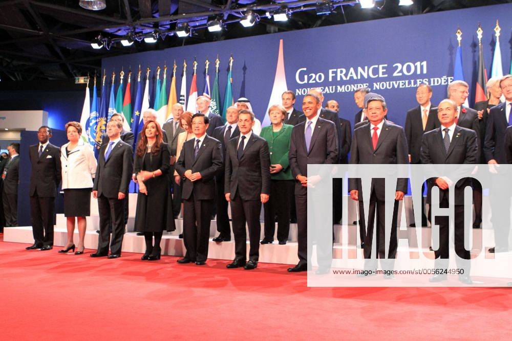 Ministerpräsident Silvio Berlusconi (Italien) - Bundeskanzlerin Angela Merkel (Deutschland) - Premierminister Jose Luis Zapatero (Spanien) - Präsident Teodoro Obiang Nguema Mbasogo (Äquatorialguinea) - Präsidentin Dilma Rousseff (Brasilien) - Präsident Dmitri Medvedev (Russland) - Präsidentin Cristina Fernandez de Kirchner (Argentinien) - Präsident Hu Jintao (China) - Präsident Nicolas Sarkozy (Frankreich) - Präsident Barack Obama (USA) - Präsident Susilo Bambang Yudhoyono (Indonesien) - Präsident Felipe Calderon Hinojosa (Mexiko) - G20-Gipfel in Cannes. NicolasGavet Panoramic