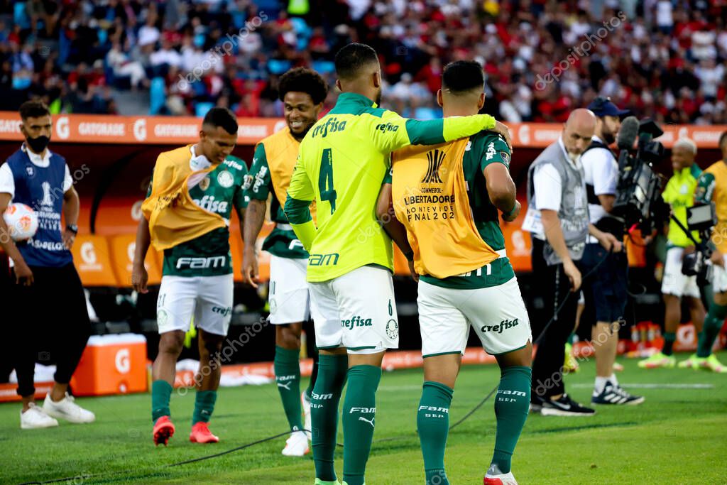 Conmebol Libertadores Final: Palmeiras and Flamengo: November 27, 2021, Montevideo, Uruguay. Palmeiras players celebrate the Trichampionship of Conmebol Libertadores after a 2-1 victory over Flamengo, in a soccer match held at the Centenario stadium