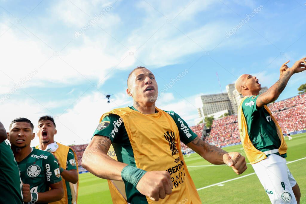 Conmebol Libertadores Final: Palmeiras and Flamengo: November 27, 2021, Montevideo, Uruguay. Palmeiras players celebrate the Trichampionship of Conmebol Libertadores after a 2-1 victory over Flamengo, in a soccer match held at the Centenario stadium
