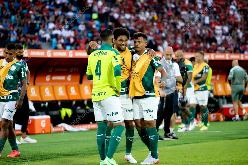 Conmebol Libertadores Final: Palmeiras and Flamengo: November 27, 2021, Montevideo, Uruguay. Palmeiras players celebrate the Trichampionship of Conmebol Libertadores after a 2-1 victory over Flamengo, in a soccer match held at the Centenario stadium
