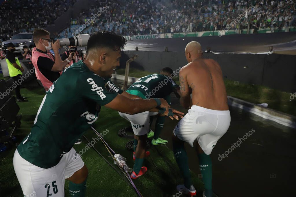 Conmebol Libertadores Final: Palmeiras and Flamengo: November 27, 2021, Montevideo, Uruguay. Palmeiras players celebrate the Trichampionship of Conmebol Libertadores after a 2-1 victory over Flamengo, in a soccer match held at the Centenario stadium