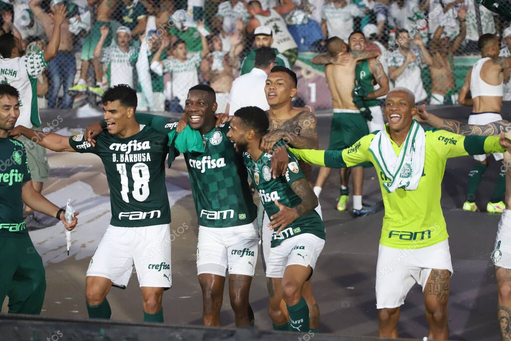 Conmebol Libertadores Final: Palmeiras and Flamengo: November 27, 2021, Montevideo, Uruguay. Palmeiras players celebrate the Trichampionship of Conmebol Libertadores after a 2-1 victory over Flamengo, in a soccer match held at the Centenario stadium