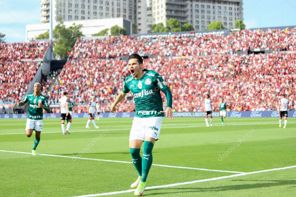 Conmebol Libertadores Final: Palmeiras and Flamengo: November 27, 2021, Montevideo, Uruguay. Palmeiras players celebrate the Trichampionship of Conmebol Libertadores after a 2-1 victory over Flamengo, in a soccer match held at the Centenario stadium