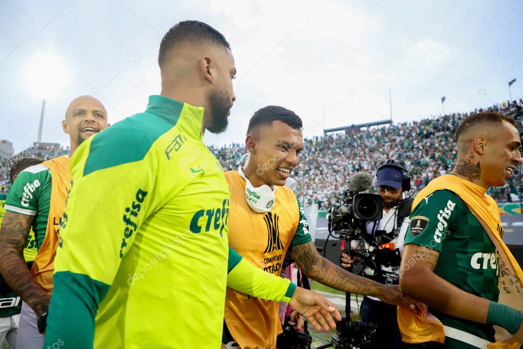 Conmebol Libertadores Final: Palmeiras and Flamengo: November 27, 2021, Montevideo, Uruguay. Palmeiras players celebrate the Trichampionship of Conmebol Libertadores after a 2-1 victory over Flamengo, in a soccer match held at the Centenario stadium