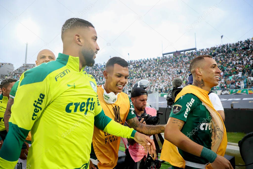 Conmebol Libertadores Final: Palmeiras and Flamengo: November 27, 2021, Montevideo, Uruguay. Palmeiras players celebrate the Trichampionship of Conmebol Libertadores after a 2-1 victory over Flamengo, in a soccer match held at the Centenario stadium