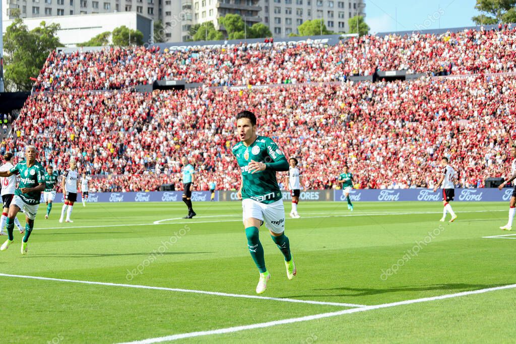 Conmebol Libertadores Final: Palmeiras and Flamengo: November 27, 2021, Montevideo, Uruguay. Palmeiras players celebrate the Trichampionship of Conmebol Libertadores after a 2-1 victory over Flamengo, in a soccer match held at the Centenario stadium