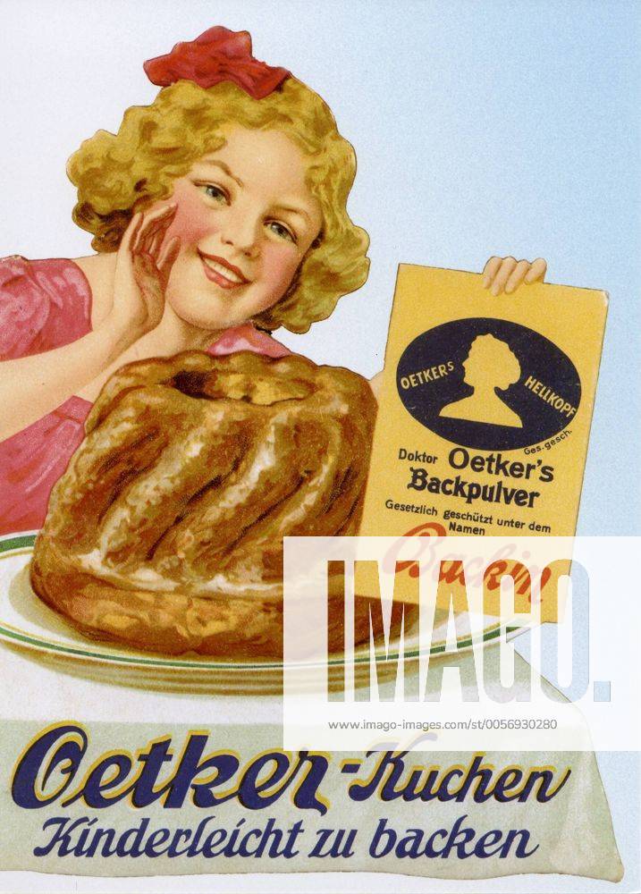 Backpulver-Werbung der Firma Dr. Oetker in den 1920er Jahren 09 02 teu A. August Oetker Wirtschaft Lebensmittel Lebensmittelkonzern Konzern Unternehmen Hersteller Firma Fabrik Backzutaten Bielefeld historisch historische historisches Aufnahme Bild Foto gegründet 1891 Werbung Reklame Logo Zeichnung Gugelhupf Rührkuchen Kuchen hoch Schriftzug Oetker-Kuchen kinderleicht zu backen Backpulver Backin Marke Markenprodukt Markenname Mädchen pausbackig Feature Symbol historisch Jubiläum Geburtstag 150