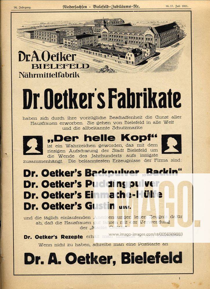 Feature Symbol: Zeitungsanzeige Dr. Oetker 06 06 teu Zeitungsanzeige aus Niedersachsen - Bielefeld-Jubiläum Sonderheft zur 700 Jahrfeier der Stadt Bielefeld 1921 Medien Print Zeitung Zeitungen Tageszeitung Annonce Anzeige Zeitungsannonce Zeitungsanzeige historisch alt antik Antiqua Druck Druckereierzeugnis Nährmittelfabrik Nährmittel Fabrik Fabrikate Schutzmarke Der helle Kopf Wahrzeichen Bielefeld Backpulver Backin Puddingpulver backen Pudding Pulver Einmache-Hülfe einmachen Gustin kochen Hausfrauen Oetker Rezepte Zeichnung Fabrikgelände Lebensmittel Hochformat hoch Sepia historisch Jubiläum Geburtstag 150