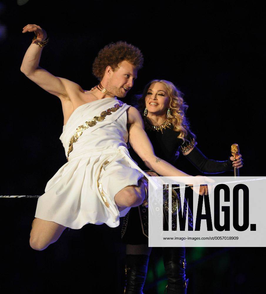 Madonna performs during the Halftime Show at Super Bowl XLVI between the New York Giants and the New England Patriots at Lucas Oil Stadium for NFL in Indianapolis, Indiana on February 5, 2012. SBP20120205123
