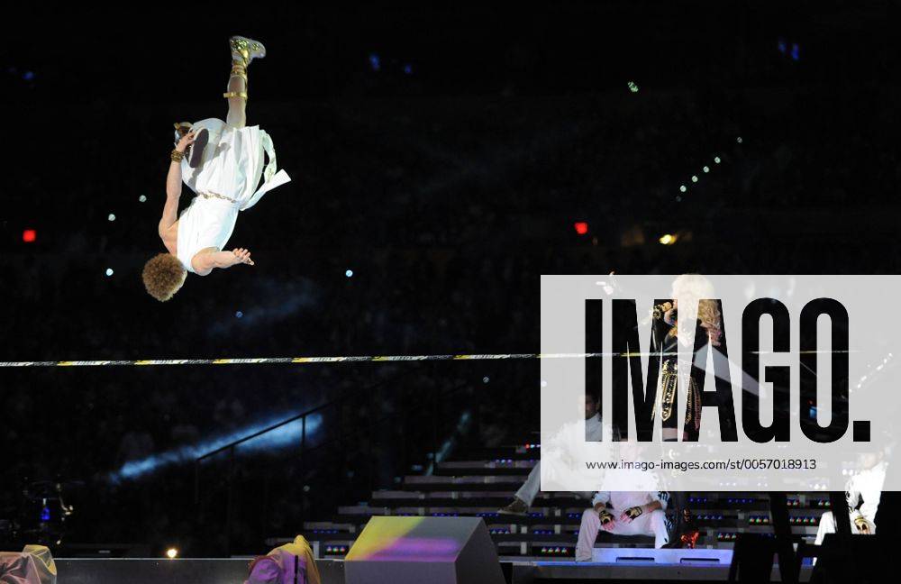 Madonna performs during the Halftime Show at Super Bowl XLVI between the New York Giants and the New England Patriots at Lucas Oil Stadium for NFL in Indianapolis, Indiana on February 5, 2012. SBP20120205136