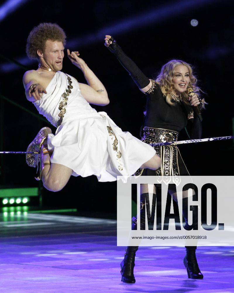 Madonna performs during the Halftime Show at Super Bowl XLVI between the New York Giants and the New England Patriots at Lucas Oil Stadium for NFL in Indianapolis, Indiana on February 5, 2012. SBP20120205178
