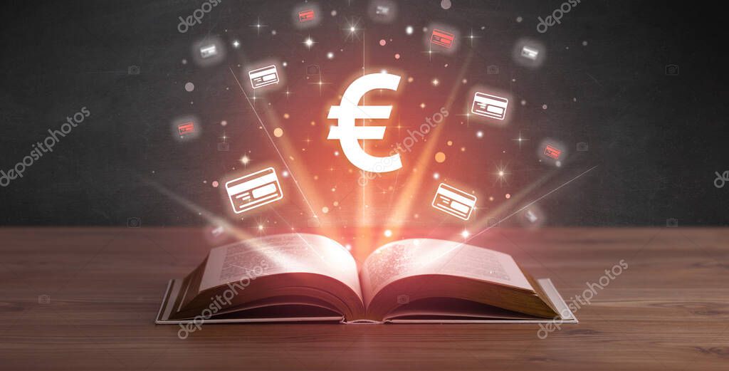 Open book with euro icons above, currency exchange concept