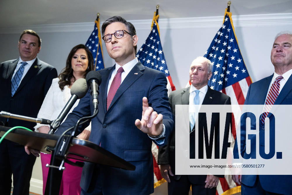 Speaker of the House Mike Johnson, R-LA., speaks at a news conference after a House Republican Conference meeting with former President Donald Trump in Washington DC on Thursday, June 13, 2024. Also appearing from left are, Rep. Richard Hudson, R-N.C., chairman of the National Republican Congressional Committee, House Republican Conference Chair Elise Stefanik, R-N.Y., House Majority Leader Steve Scalise, R-La., and House Majority Whip Tom Emmer, R-Minn. Pool photo by Tom Williams WAX202240613902 TomxWilliams