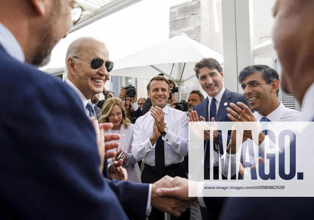 G7 Summit - Scholz s Birthday - Italy German Chancellor Olaf Scholz (R) receives congratulations on his 66th birthday by Charles Michel, President Joe Biden, PM Giorgia Meloni, President Emmanuel Macron, PM Justin Trudeau, PM Rishi Sunak during G7 Summit in Italy on June 14, 2024. Photo by (EV) ABACAPRESS.COM Savelletri di Fasano Italy