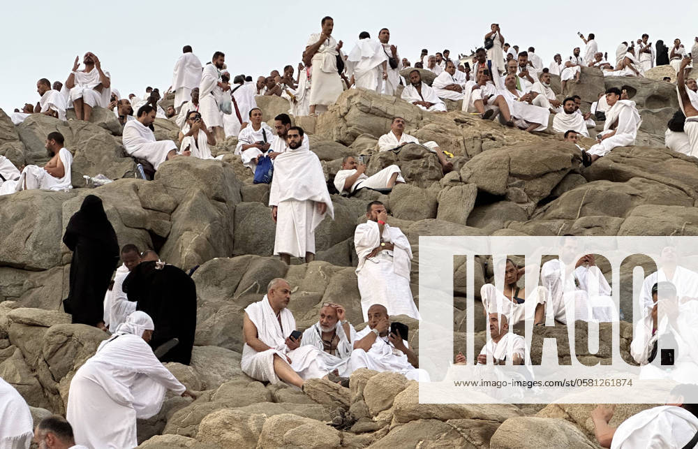 Muslim pilgrims pray at dawn on Saudi Arabia s Mount Arafat, also known as Jabal al-Rahma or Mount of Mercy Muslim pilgrims pray at dawn on Saudi Arabia s Mount Arafat, also known as Jabal al-Rahma or Mount of Mercy, during the climax of the Hajj pilgrimage on June 15, 2024. More than 1.5 million Muslims will pray on Mount Arafat in soaring temperatures on June 15, in the high-point and most gruelling day of the annual Hajj pilgrimage, one of the five pillars of Islam that must be performed at least once by all Muslims who have the means to do so. Photo by Medhat Hajaj APAimages Mecca Mecca Saudi Arabia 150624_Mecca_MH_00(77)