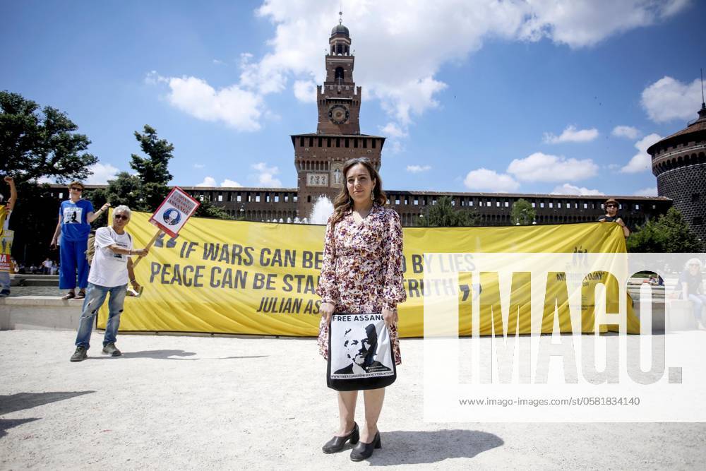 The lawyer Stella Assange, wife of Julian Assange, co-founder of WikiLeaks, during a protest in Castello square, in Milan, Italy, 16 June 2024. ANSA Milan Italy - ZUMAa110 20240616_zaf_a110_013