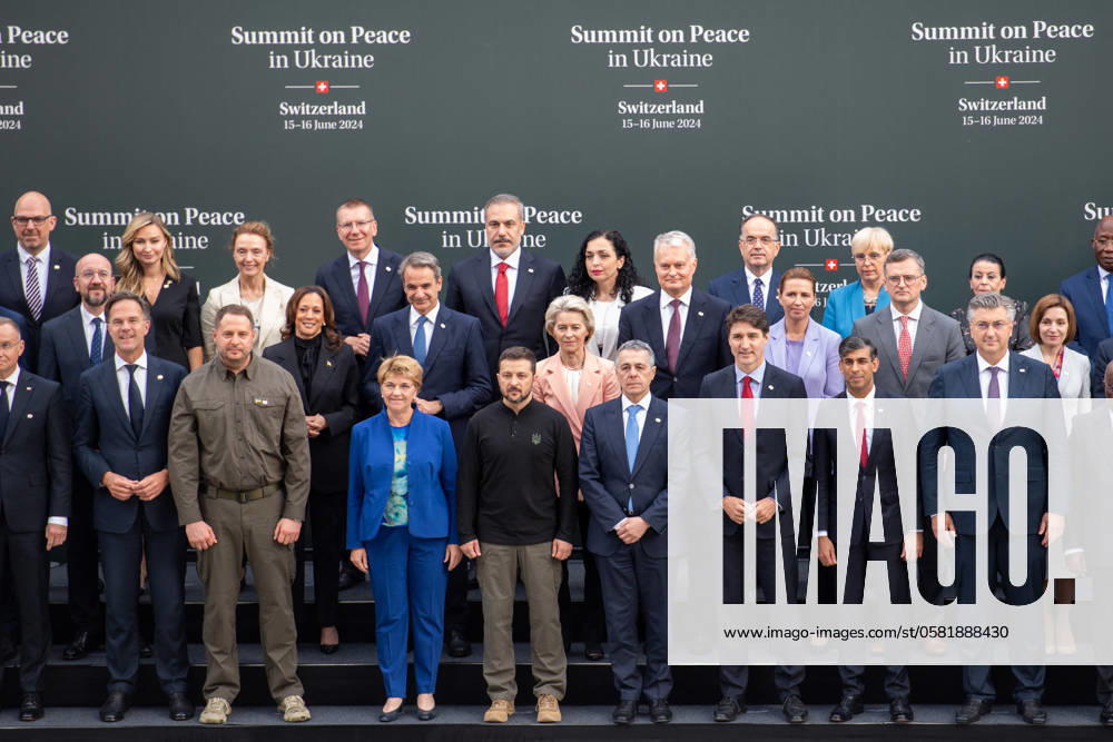 Ukraine Peace Summit - Switzerland Family pictures of the leaders during the Summit on peace in Ukraine, at the luxury Burgenstock resort, near Lucerne, Switzerland, on June 16, 2024. The two-day gathering brings together Ukrainian President and more than 50 other heads of state and government, to try to work out a way towards a peace process for Ukraine. Photo by Photo by Ukrainian Presidency via ABACAPRESS.CO Lucerne Switzerland
