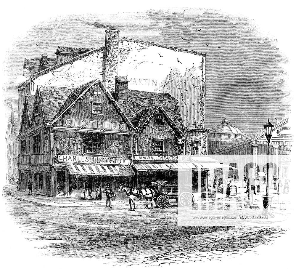 Historische Zeichnung aus der US-amerikanischen Geschichte im 18. Jahrhundert, altes Haus in Boston, in dem die Verschwörung zur Boston Tea Party, 1773, stattfand, Massachusetts, Neuengland, USA iblhdf02279831