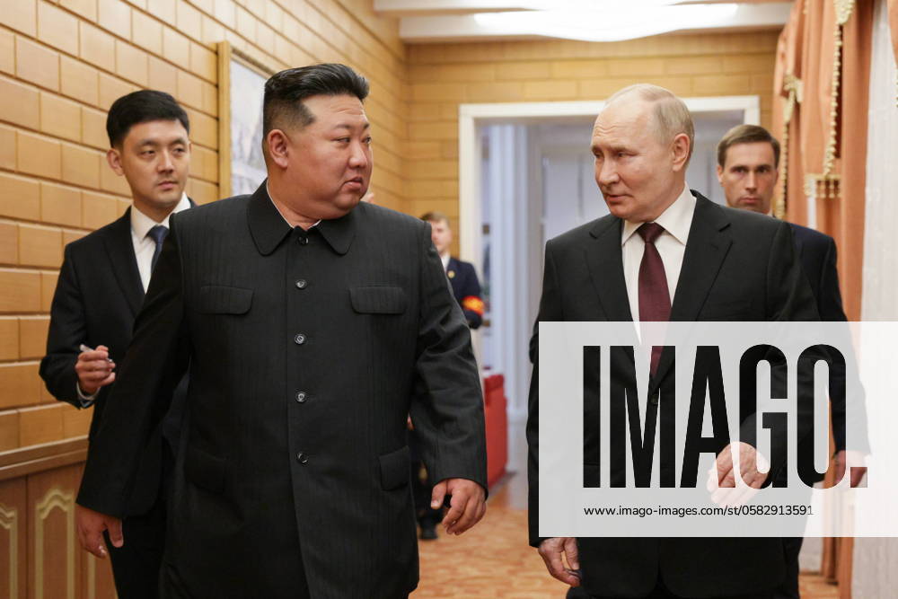 NORTH KOREA, PYONGYANG - JUNE 18, 2024: North Korean leader Kim Jong-un (L, front) and Russia s President Vladimir Putin during a meeting. Russian Presidential Press and Information Office Gavriil Grigorov TASS 71236180