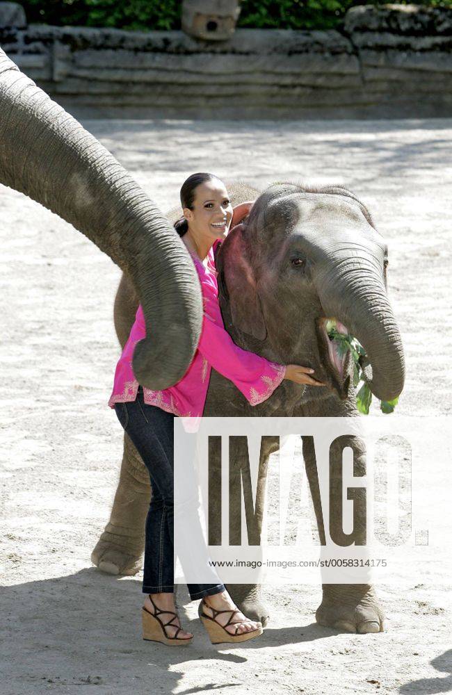 Nandini Mitra Fernseh-Moderatorin Nandini Mitra tauft mit Kokosmilch das Elefanten-Baby Shahrukh im Hamburger Tierpark Hagenbeck Foto:xU.xGlockmannx xFuturexImage