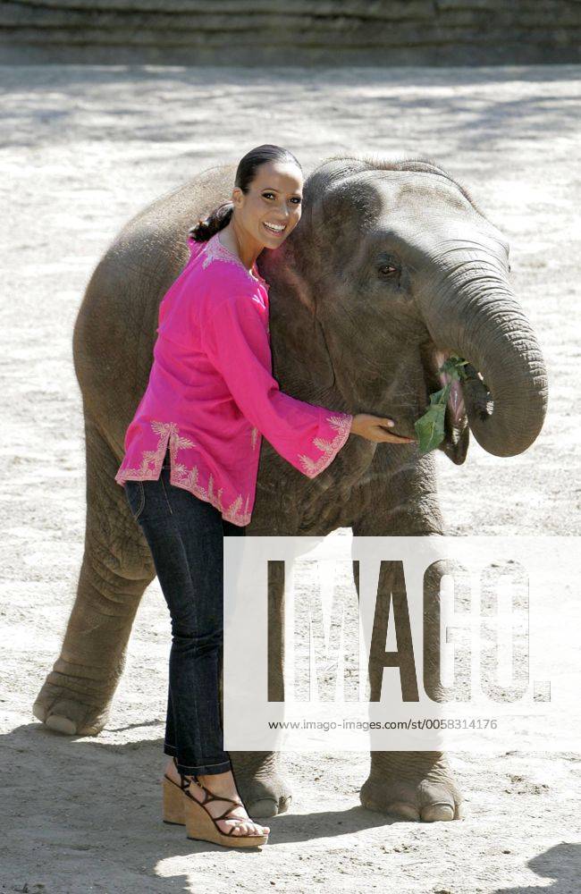 Nandini Mitra Fernseh-Moderatorin Nandini Mitra tauft mit Kokosmilch das Elefanten-Baby Shahrukh im Hamburger Tierpark Hagenbeck Foto:xU.xGlockmannx xFuturexImage