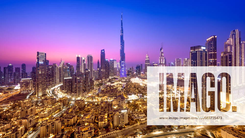 Dubai DUBAI, VAE - 02. June 2024 the skyline of dubai with the famous burj khalifa after sunset
