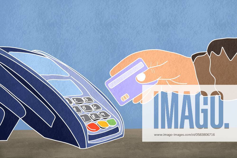 This colorful illustration depicts a hand holding a credit card near a digital payment terminal, emphasizing modern transaction methods Model Released HodeiUnzueta_ID22153_647710_001