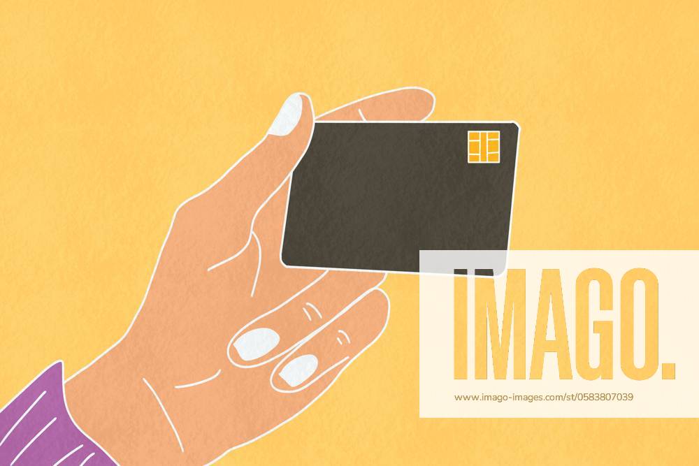 This digital illustration features a hand holding a black credit card against a vibrant yellow background, emphasizing simplicity and minimalism Model Released HodeiUnzueta_ID22153_647717_002