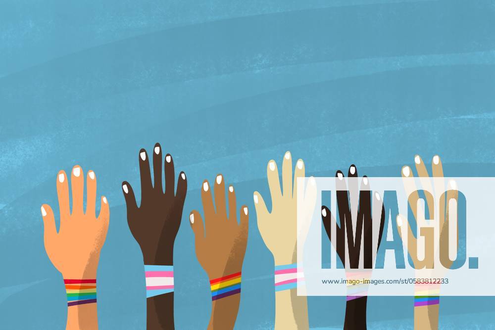 This colorful illustration depicts a group of hands of diverse skin colors, each adorned with a rainbow wristband, raised against a textured blue background in a gesture of unity and celebration for Pride Day Model Released HodeiUnzueta_ID22347_652639_005