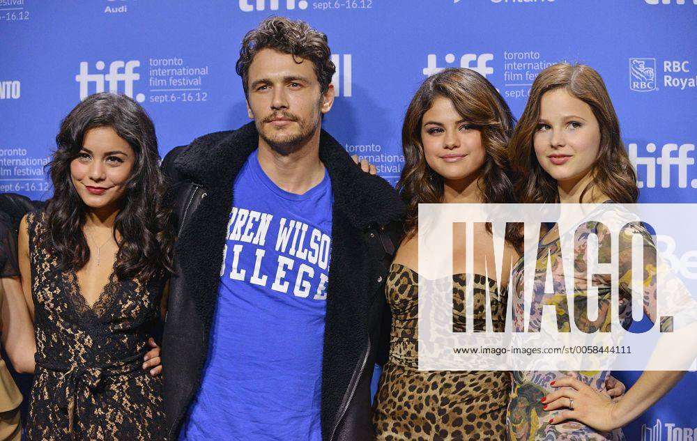 (L-R) Vanessa Hudgens, James Franco, Selena Gomez and Rachel Korine attend the Spring Breakers press conference at the Lightbox during the Toronto International Film Festival in Toronto, Canada on September 7, 2012. TOR2012090716