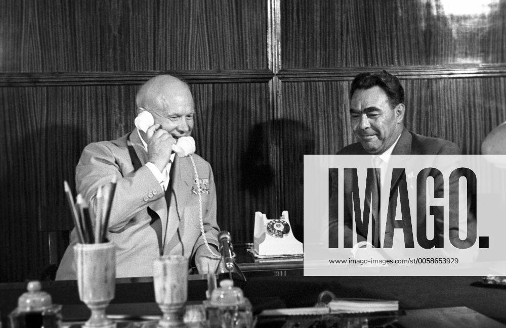 Moscow. USSR. The Moscow Kremlin. CPSU First Secretary Nikita Khrushchev and Leonid Brezhnev, chairman of the Presidium of the USSR Supreme Soviet, congratulating first cosmonaut Yuri Gagarin with a successful space flight. Photo TASS_1464950