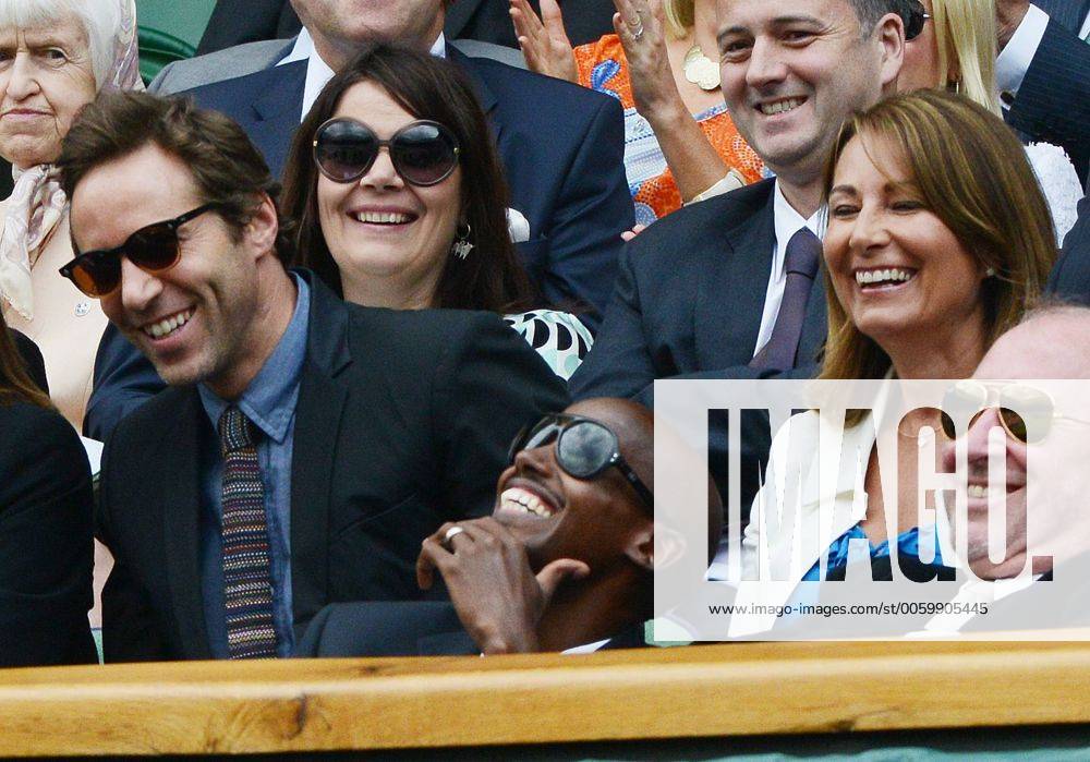 Tennis - 2013 Wimbledon Championships - Ladies Singles second Round Mo Farah (Athletics) jokes with The Middleton s and Alessandro Nivola in the Royal Box after the ball flew in his direction -
