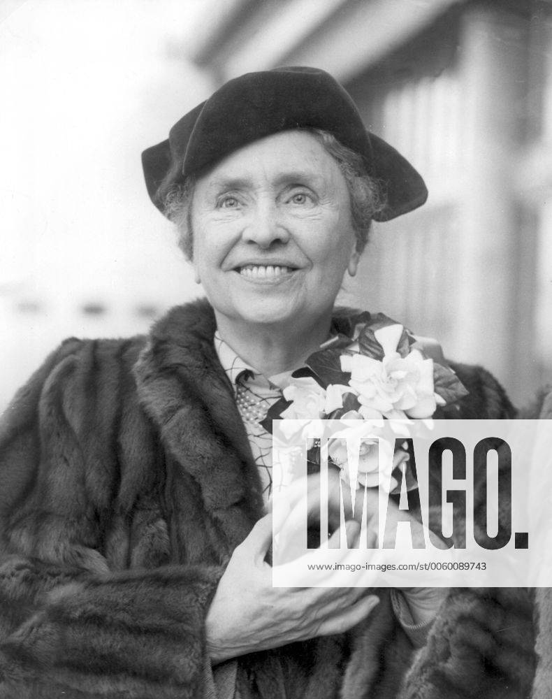 Helen Keller, the world famous deaf and blind humanitarian on her arrival at Southampton today aboard the Cunard liner Queen Elizabeth from New York. 21st February 1951 UnitedArchives00925651