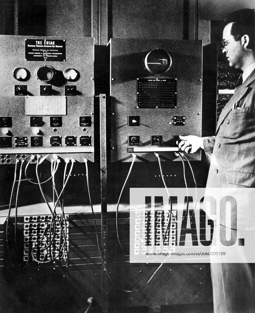 The Initiating and Cycling units of ENIAC. The picture on the oscilloscope shows one of the fundamental electrical signals transmitted to all units of the machine. The bank of neon s above the scope correspond to the twenty different parts of an addition. Each of these parts represent 1 100,000 of a second. UnitedArchives01008683