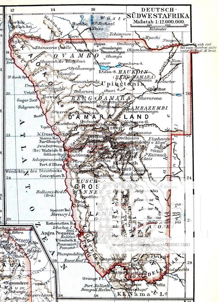 Karte der ehemaligen Kolonie Deutsch-Südwestafrika, heute Namibia, Meyers Konversationslexikon 1897 iblnit03752514
