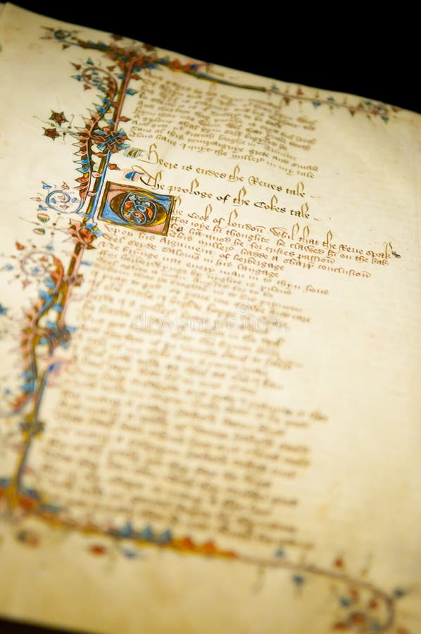 Canterbury Tales print, A shot from a printing of The Canterbury Tales by Chaucer. Narrow focus on the illustration.