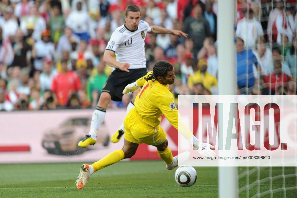 Lukas Podolski of Germany shoots to score against goalkeeper David James of England during the match between England and Germany at the 2010 FIFA World Cup at Free State stadium in Bloemfontein on June 27, 2010. o0 Tor