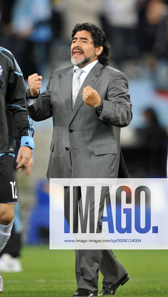 Diego Armando Maradona, head coach of Argentina, reacts after the 2010 World Cup quarterfinal soccer match against Germany at Green Point stadium in Cape Town -
